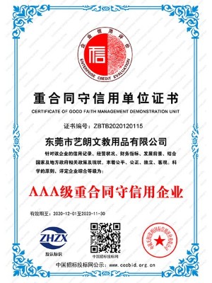 捏呀捏-重合同守信用单位证书